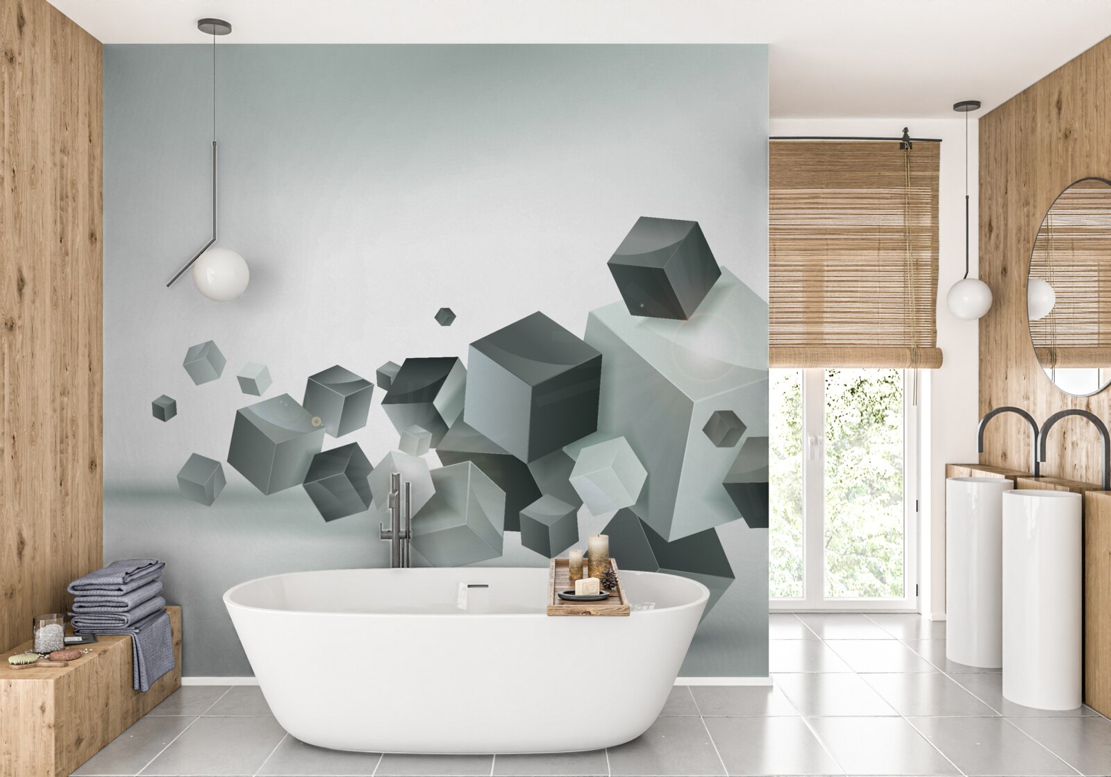 Fototapet cuburi de diferite forme care plutesc în aer