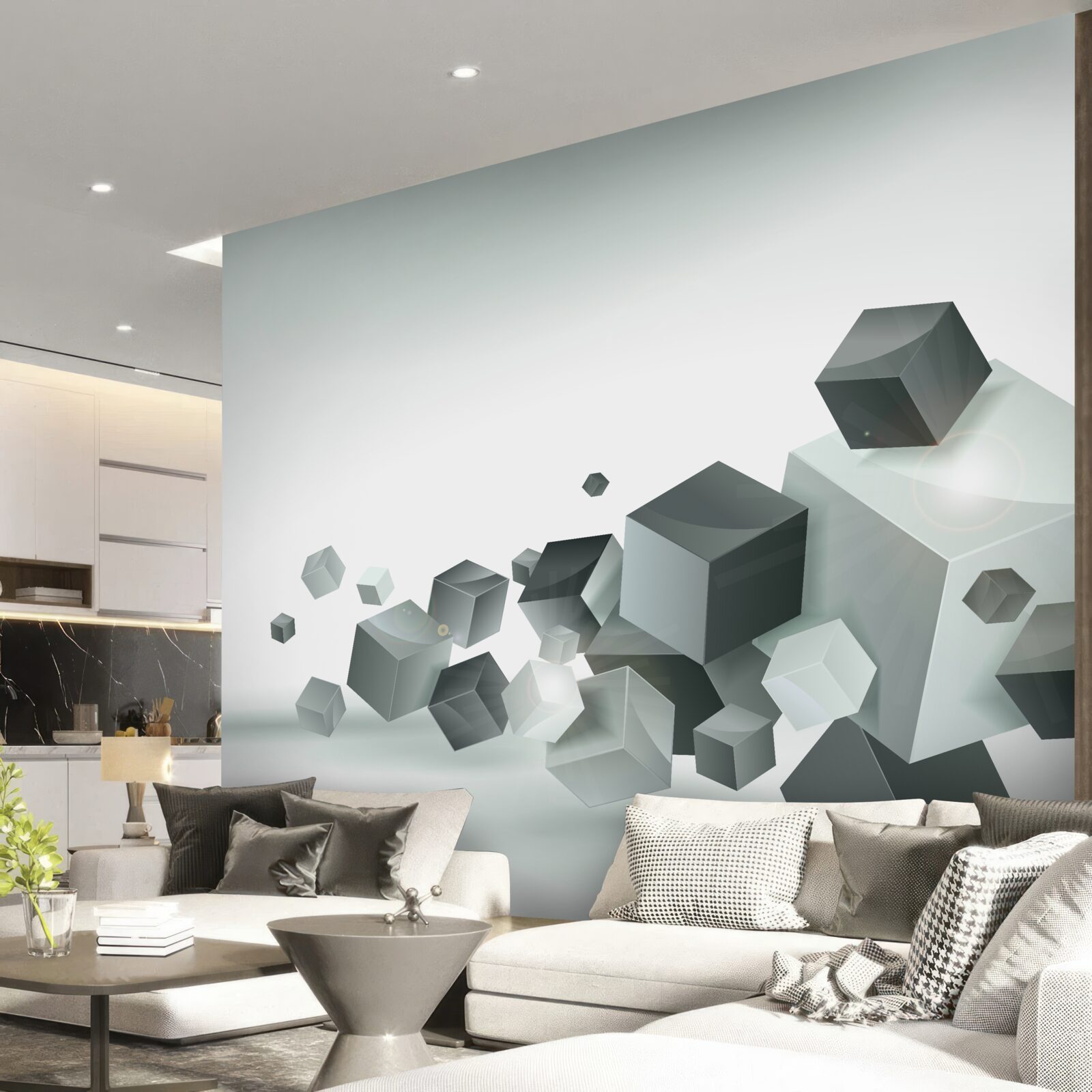 Fototapet cuburi de diferite forme care plutesc în aer