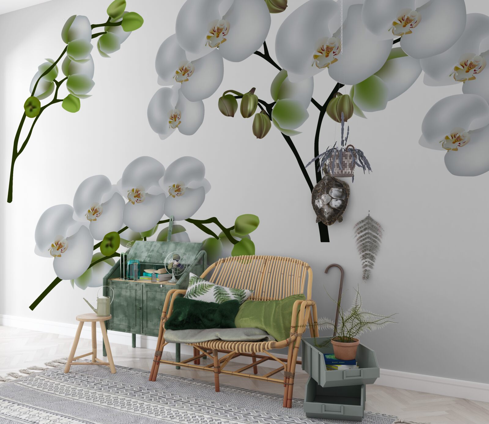 Fototapet orhidee albă cu frunze verzi