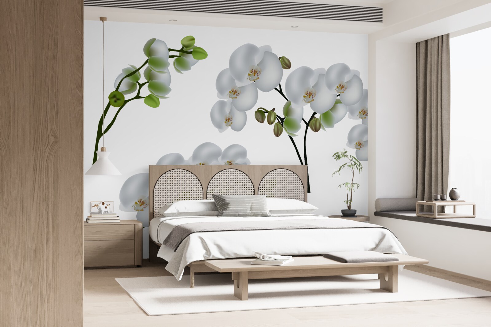 Fototapet orhidee albă cu frunze verzi