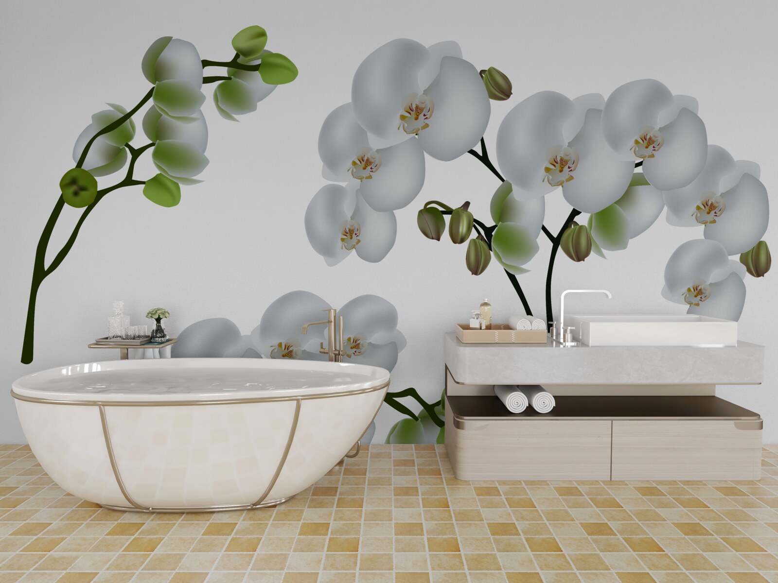 Fototapet orhidee albă cu frunze verzi