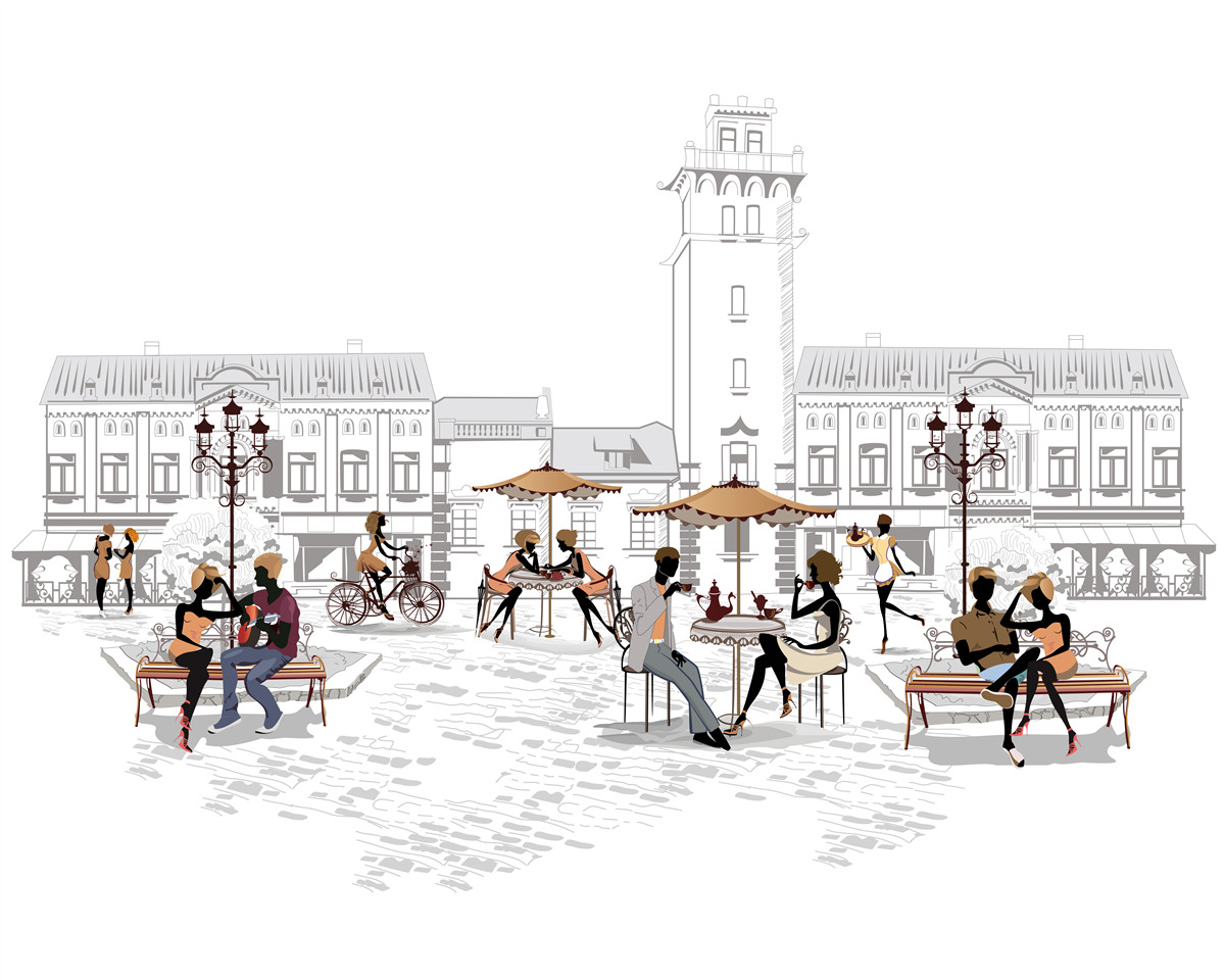 Fototapet persoane din centrul orașului desenate în creion