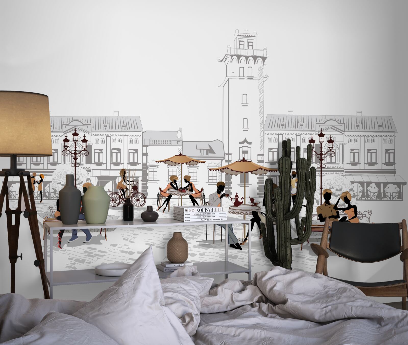 Fototapet persoane din centrul orașului desenate în creion