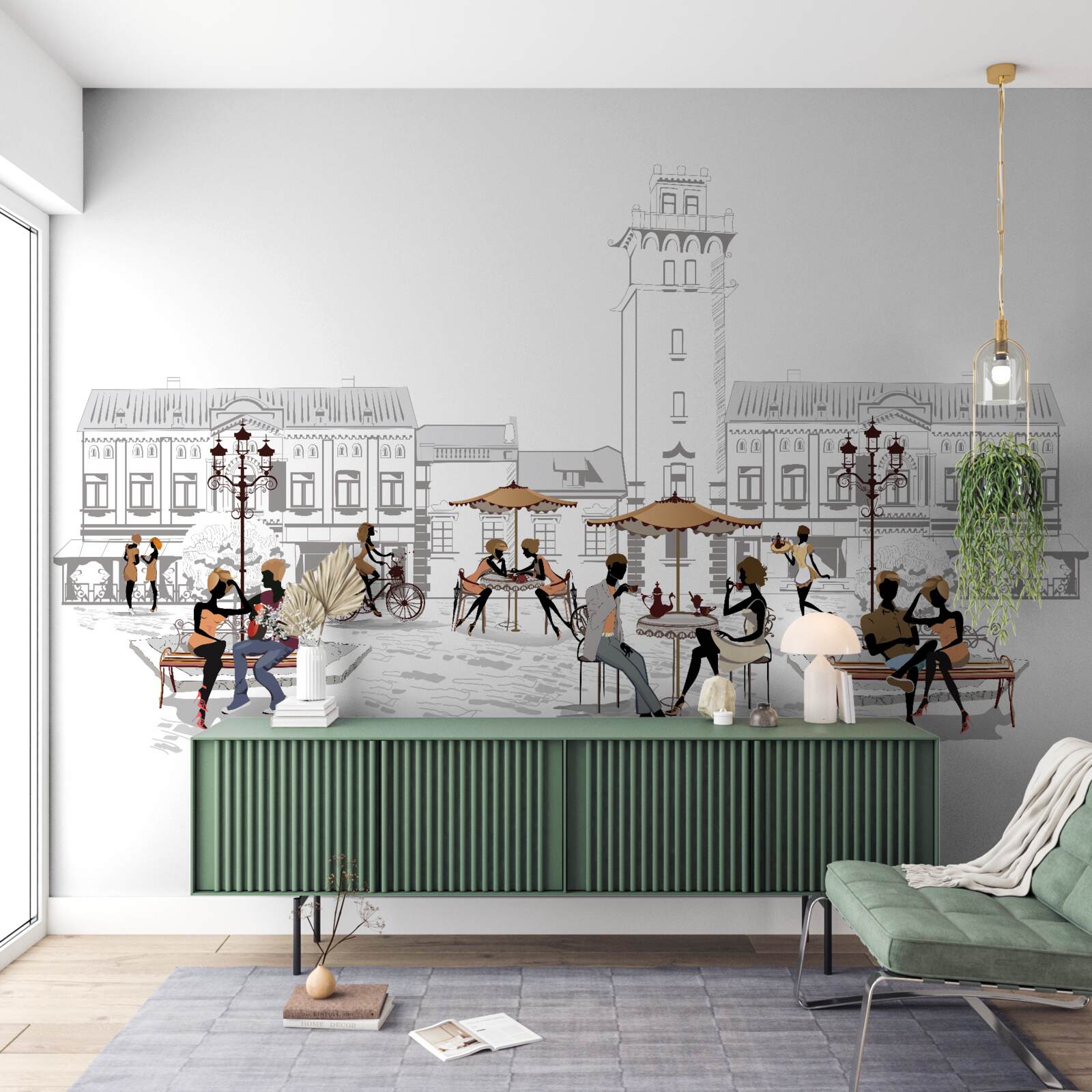 Fototapet persoane din centrul orașului desenate în creion