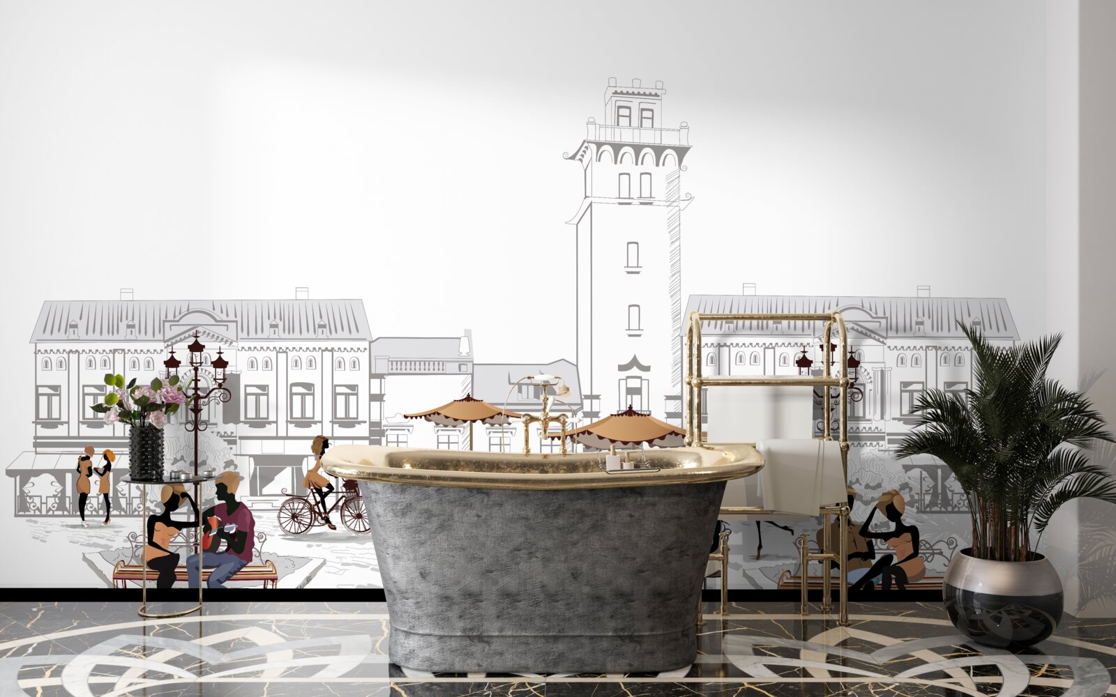 Fototapet persoane din centrul orașului desenate în creion