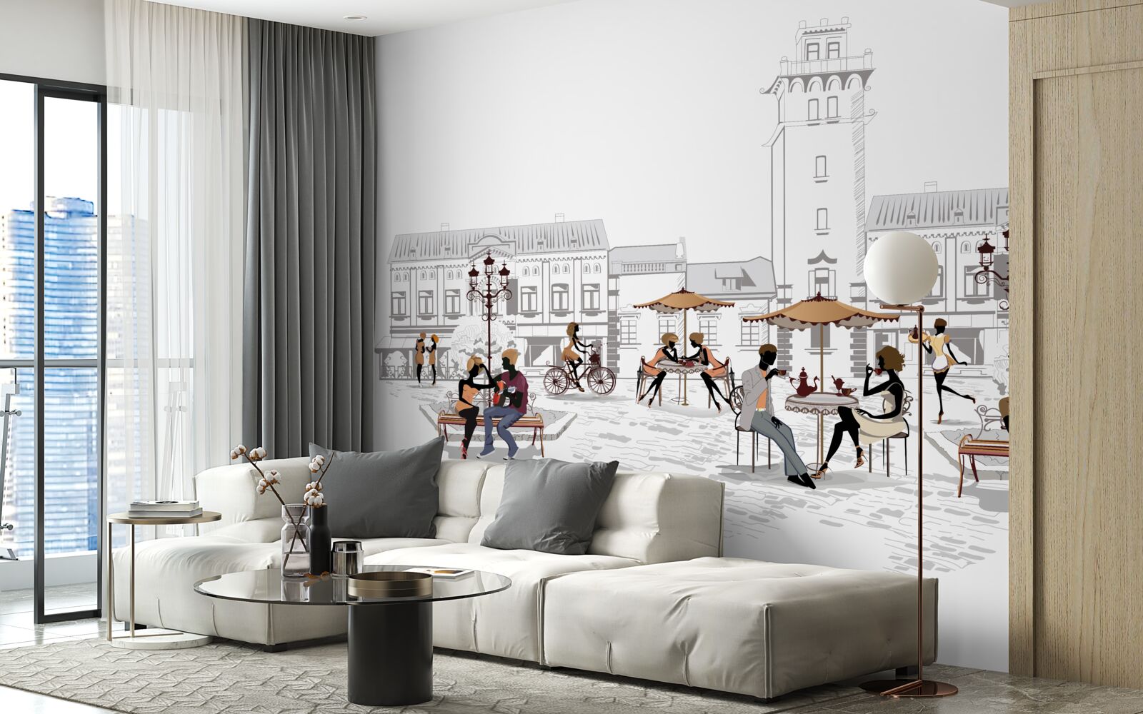 Fototapet persoane din centrul orașului desenate în creion