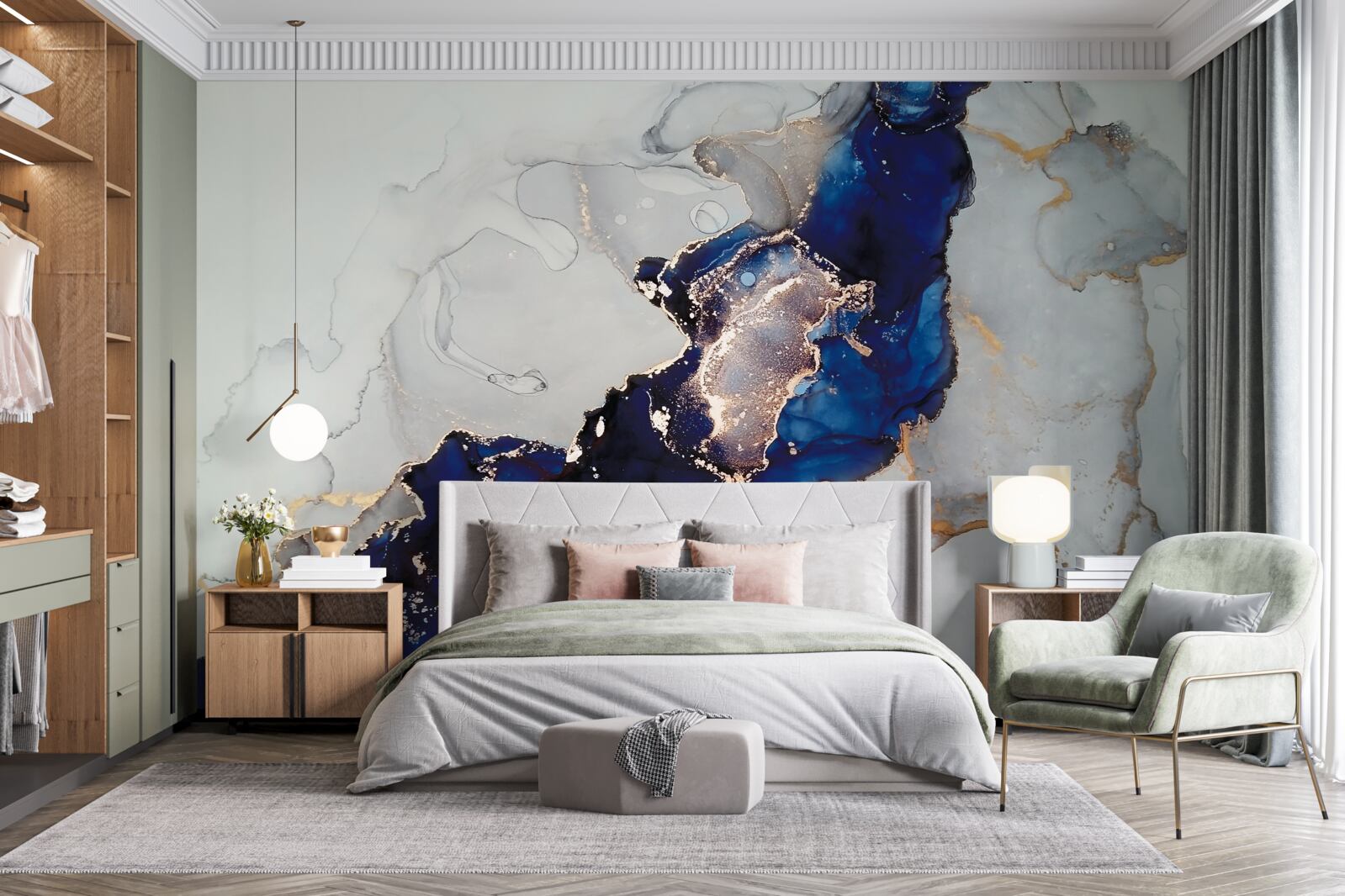 Fototapet margine aurie pe un fond de pete albastre