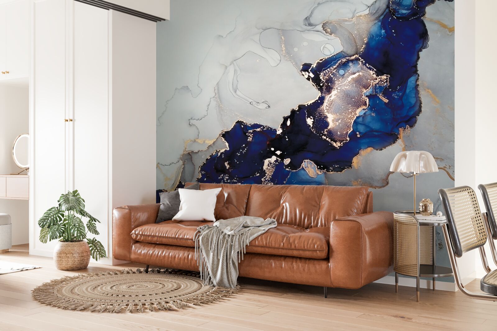 Fototapet margine aurie pe un fond de pete albastre