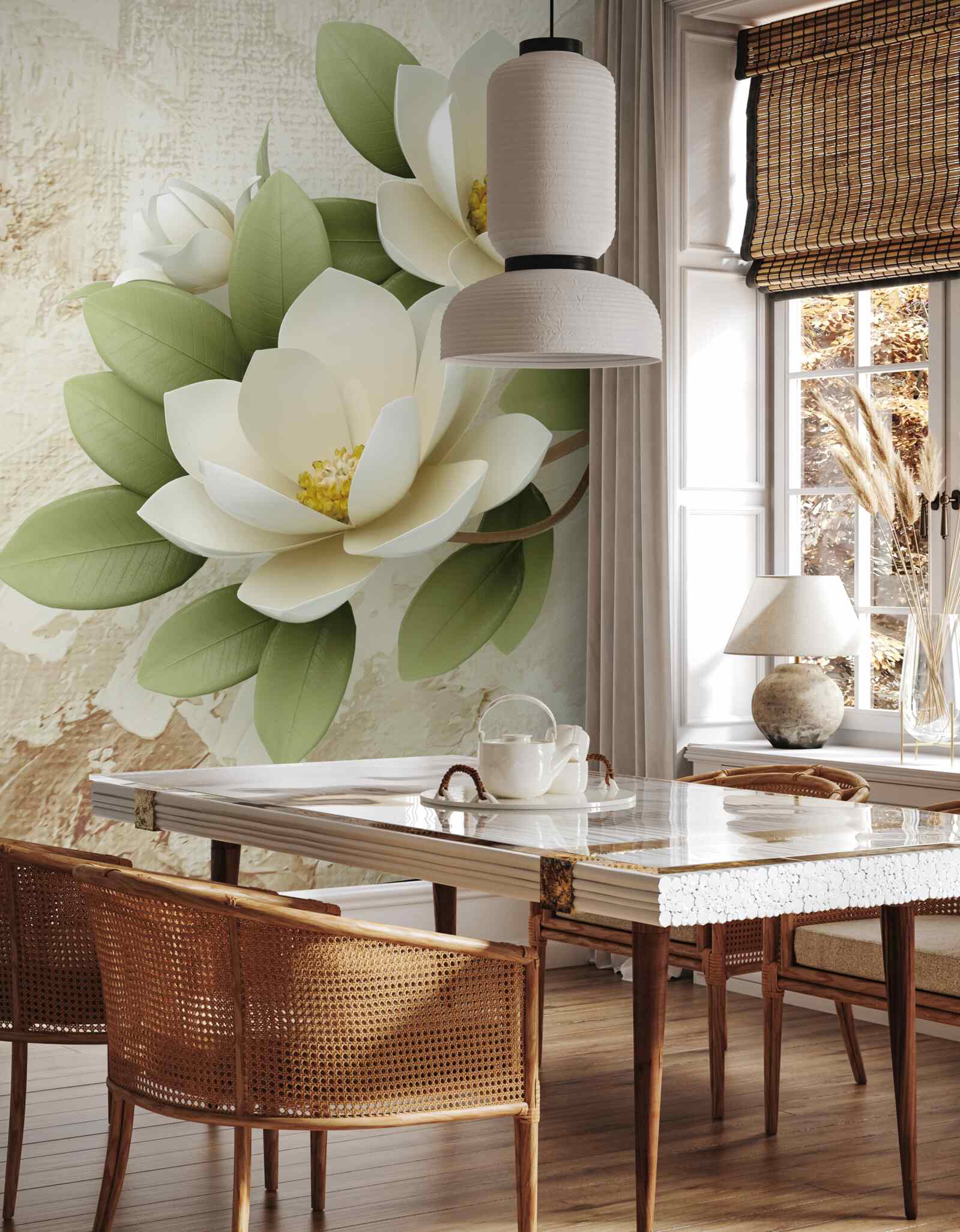 Fototapet nufăr cu petale albe ca zăpada și frunze verzi