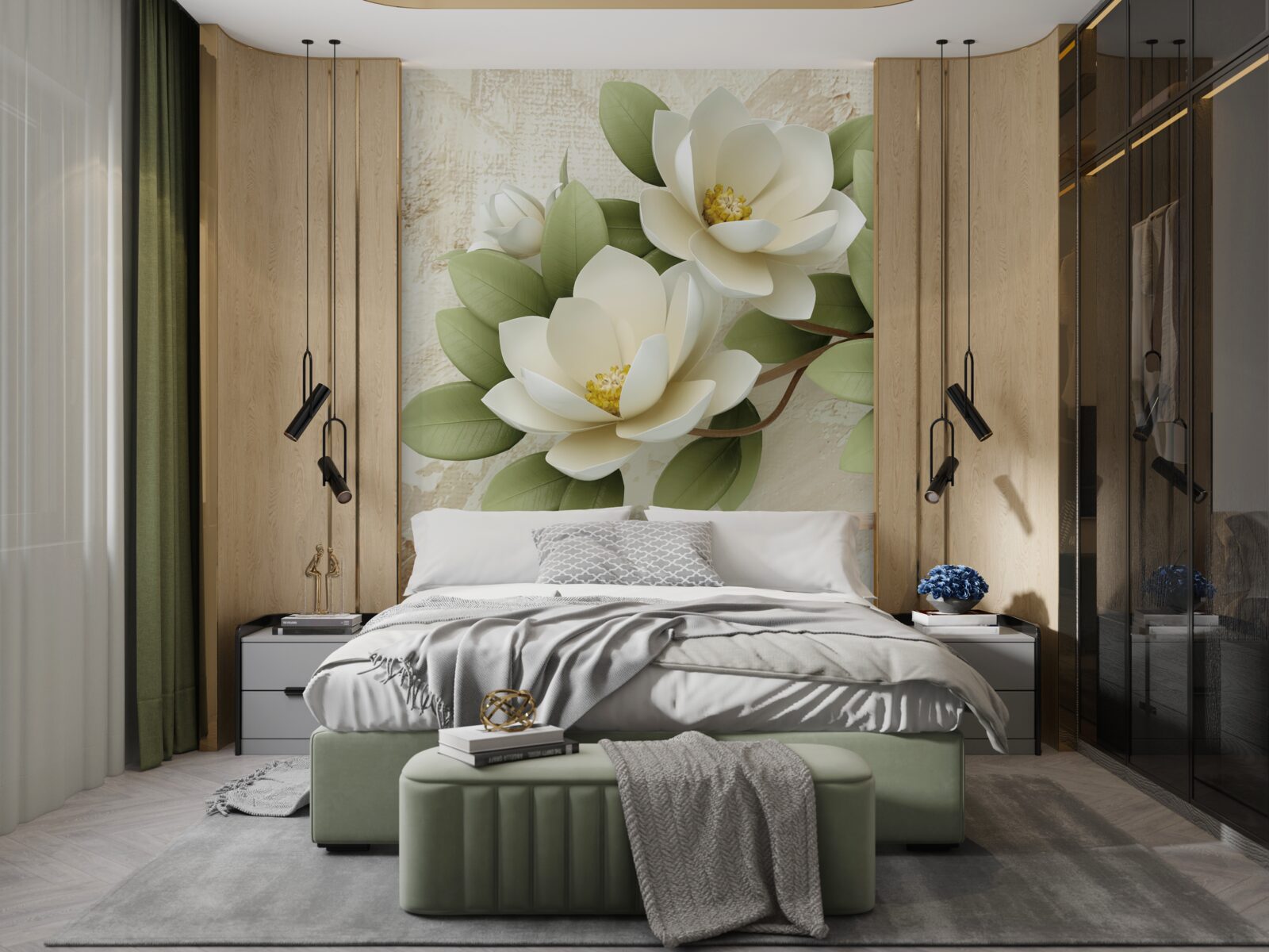 Fototapet nufăr cu petale albe ca zăpada și frunze verzi