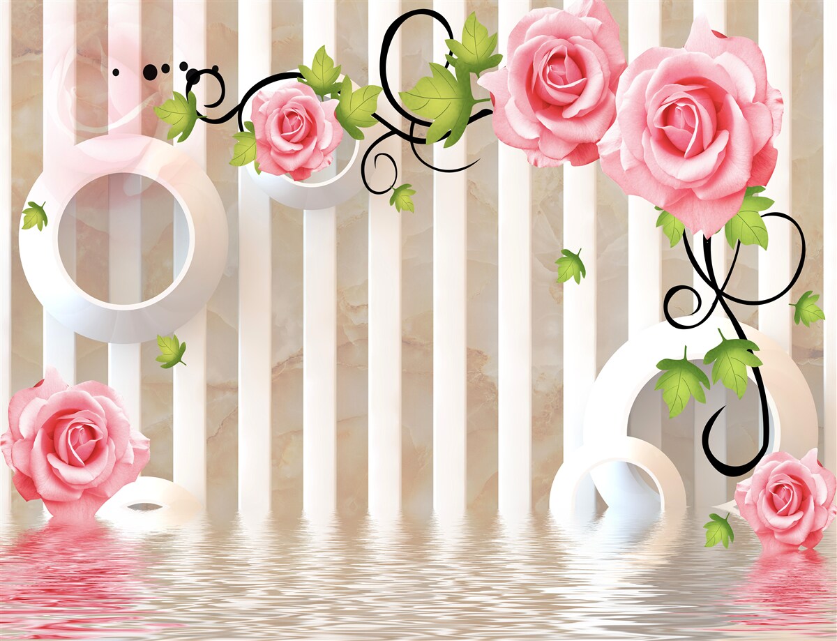 Fototapet trandafir cu petale roz și frunze verzi lângă apă