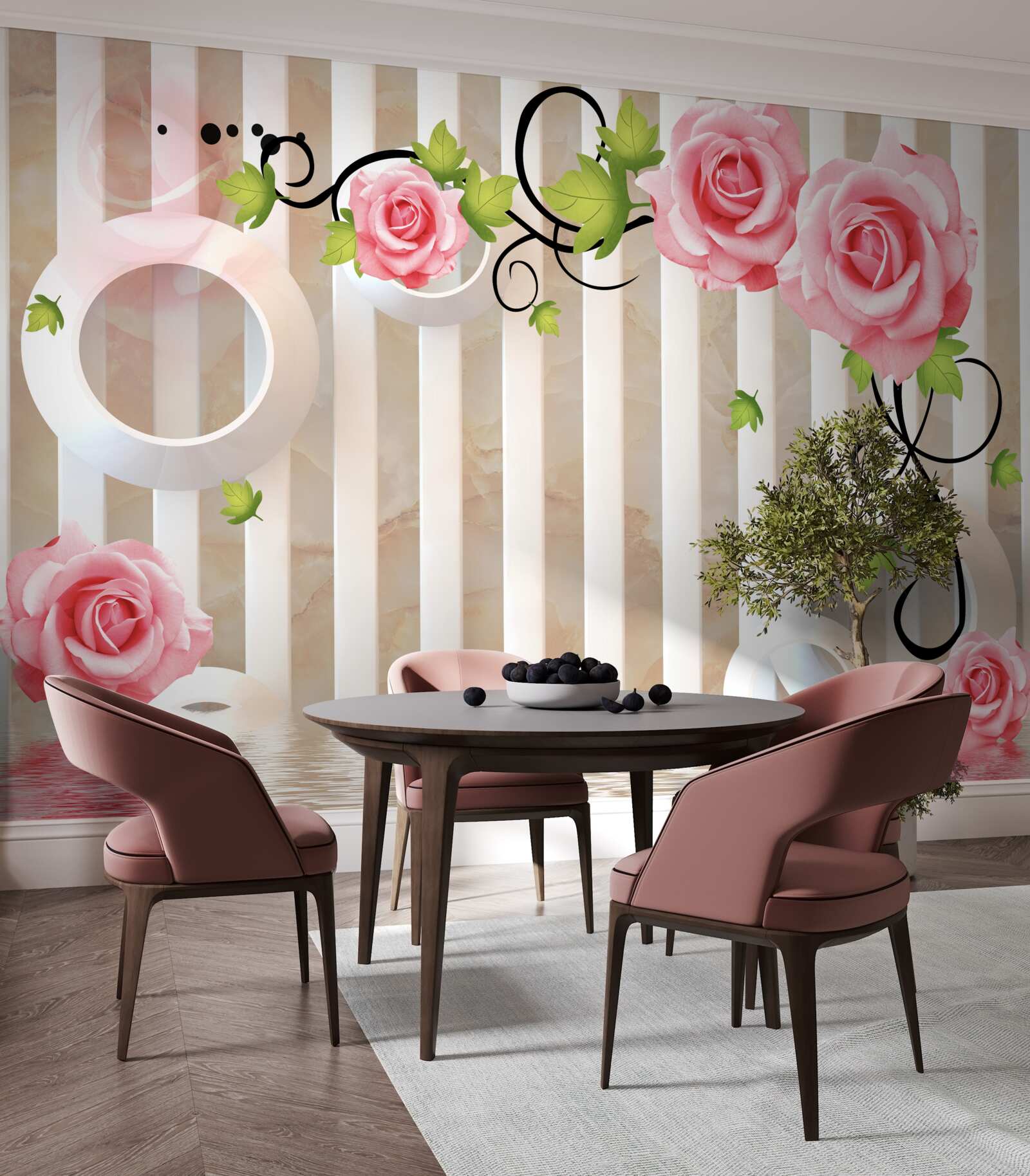 Fototapet trandafir cu petale roz și frunze verzi lângă apă