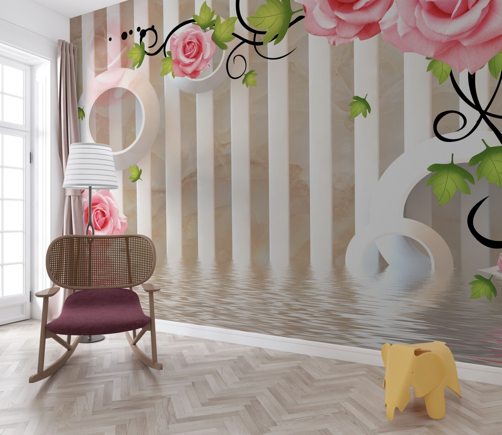 Fototapet trandafir cu petale roz și frunze verzi lângă apă