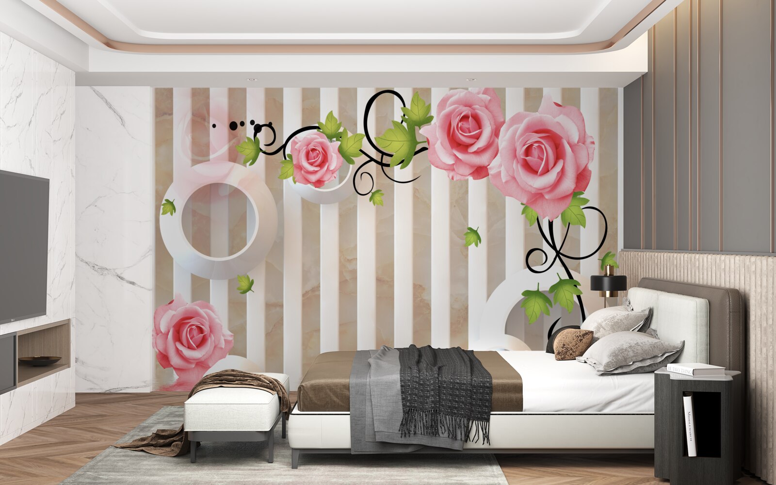 Fototapet trandafir cu petale roz și frunze verzi lângă apă