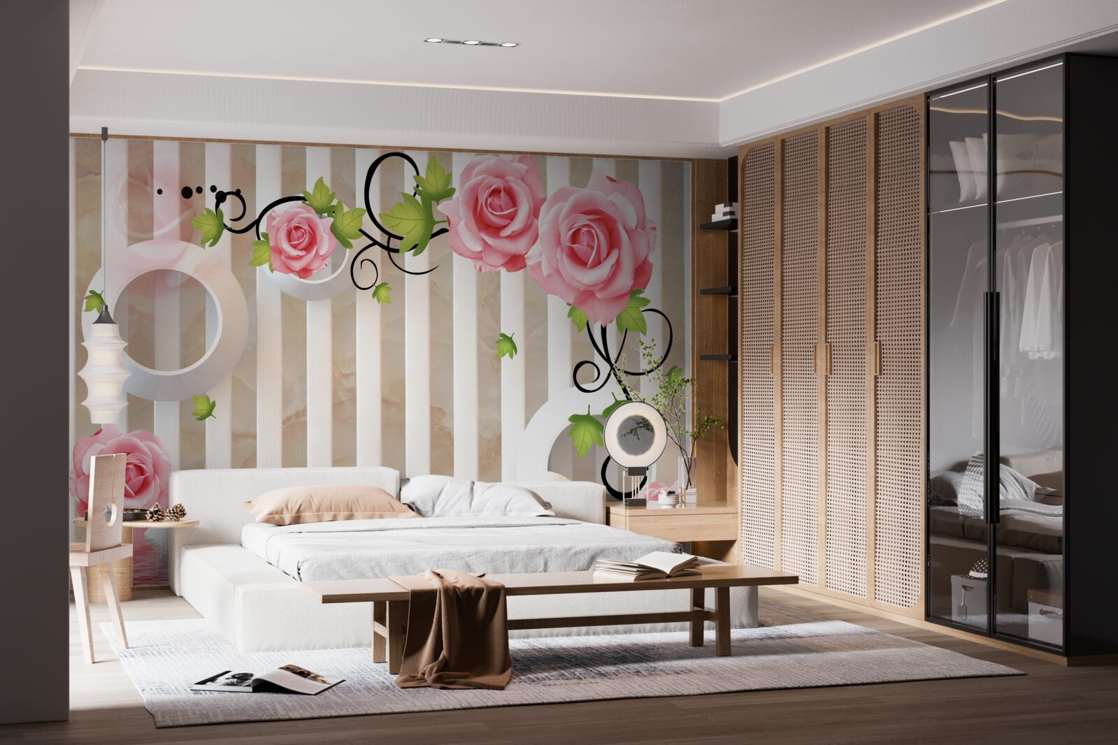 Fototapet trandafir cu petale roz și frunze verzi lângă apă