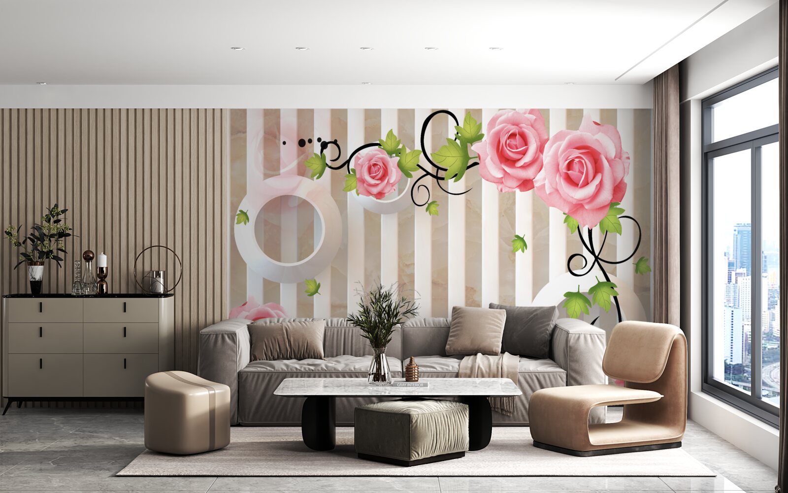 Fototapet trandafir cu petale roz și frunze verzi lângă apă