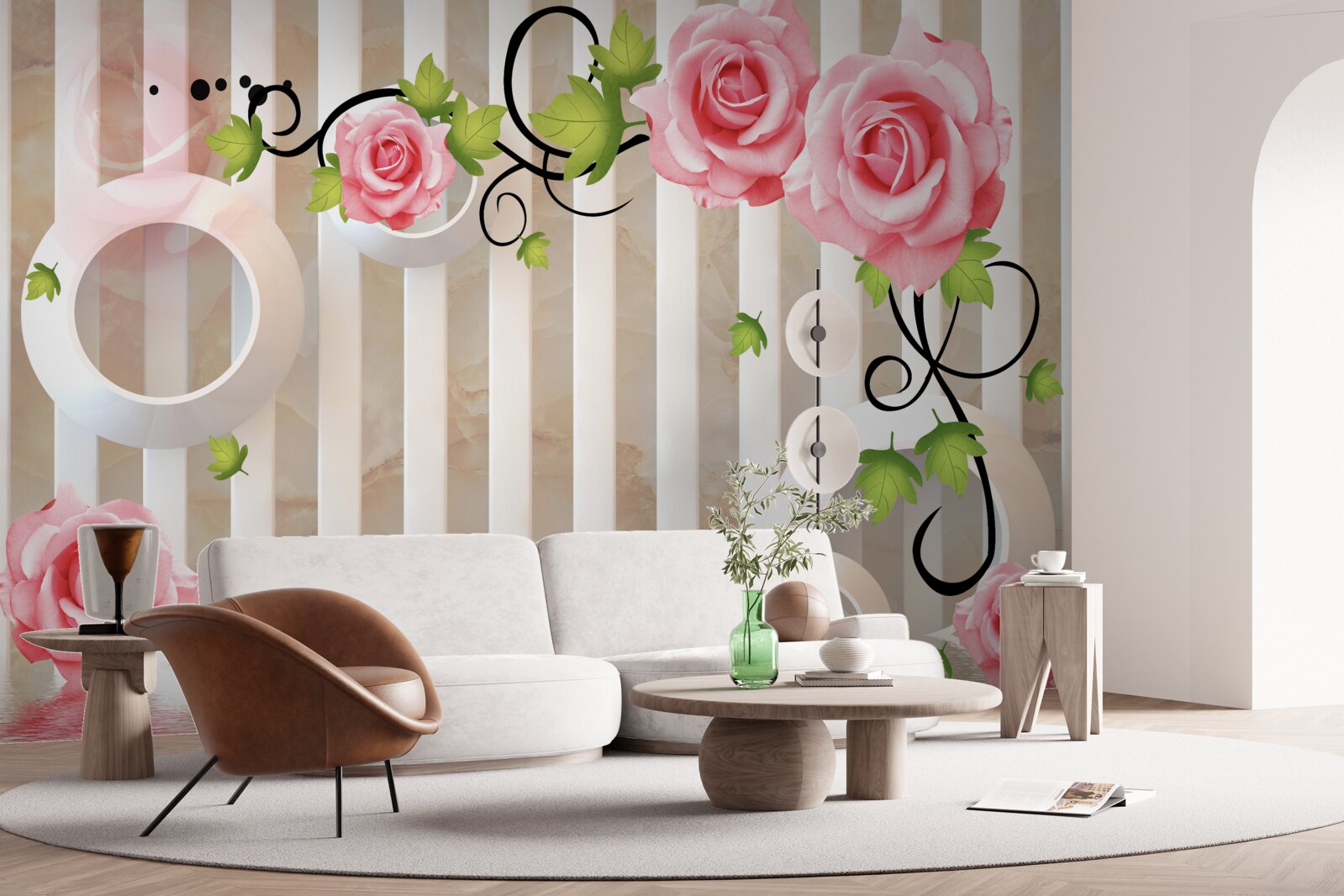 Fototapet trandafir cu petale roz și frunze verzi lângă apă