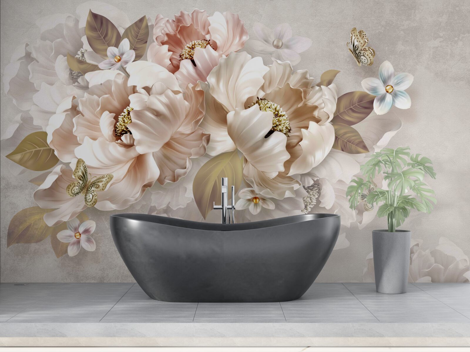 Fototapet compoziție florală în acuarelă pe un fundal gri deschis