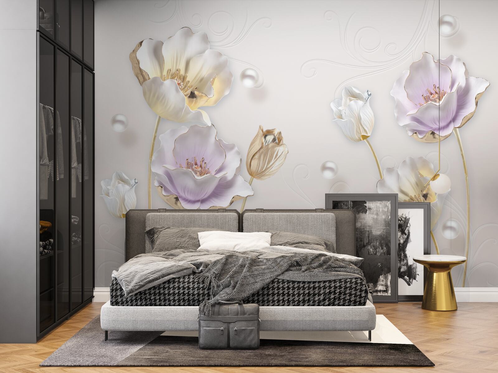 Fototapet flori strălucitoare acoperite cu picături mari de ploaie