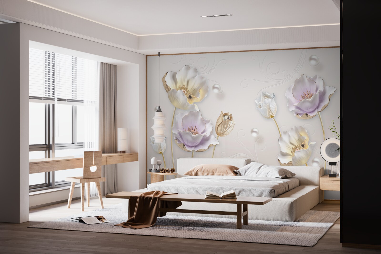 Fototapet flori strălucitoare acoperite cu picături mari de ploaie