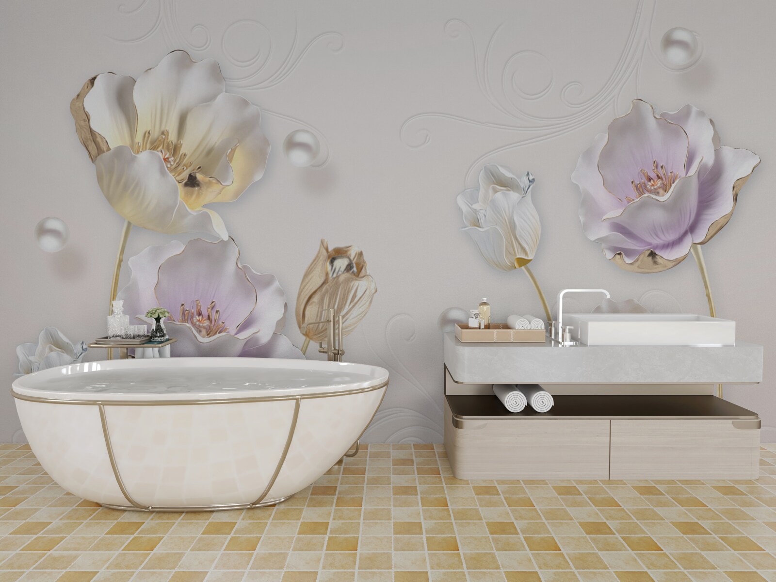 Fototapet flori strălucitoare acoperite cu picături mari de ploaie