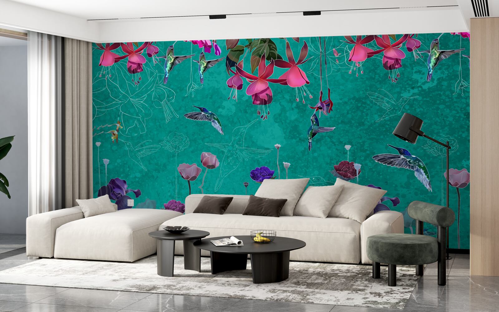 Fototapet pe cerul nopții, lalelele devin roz și păpădiile strălucesc