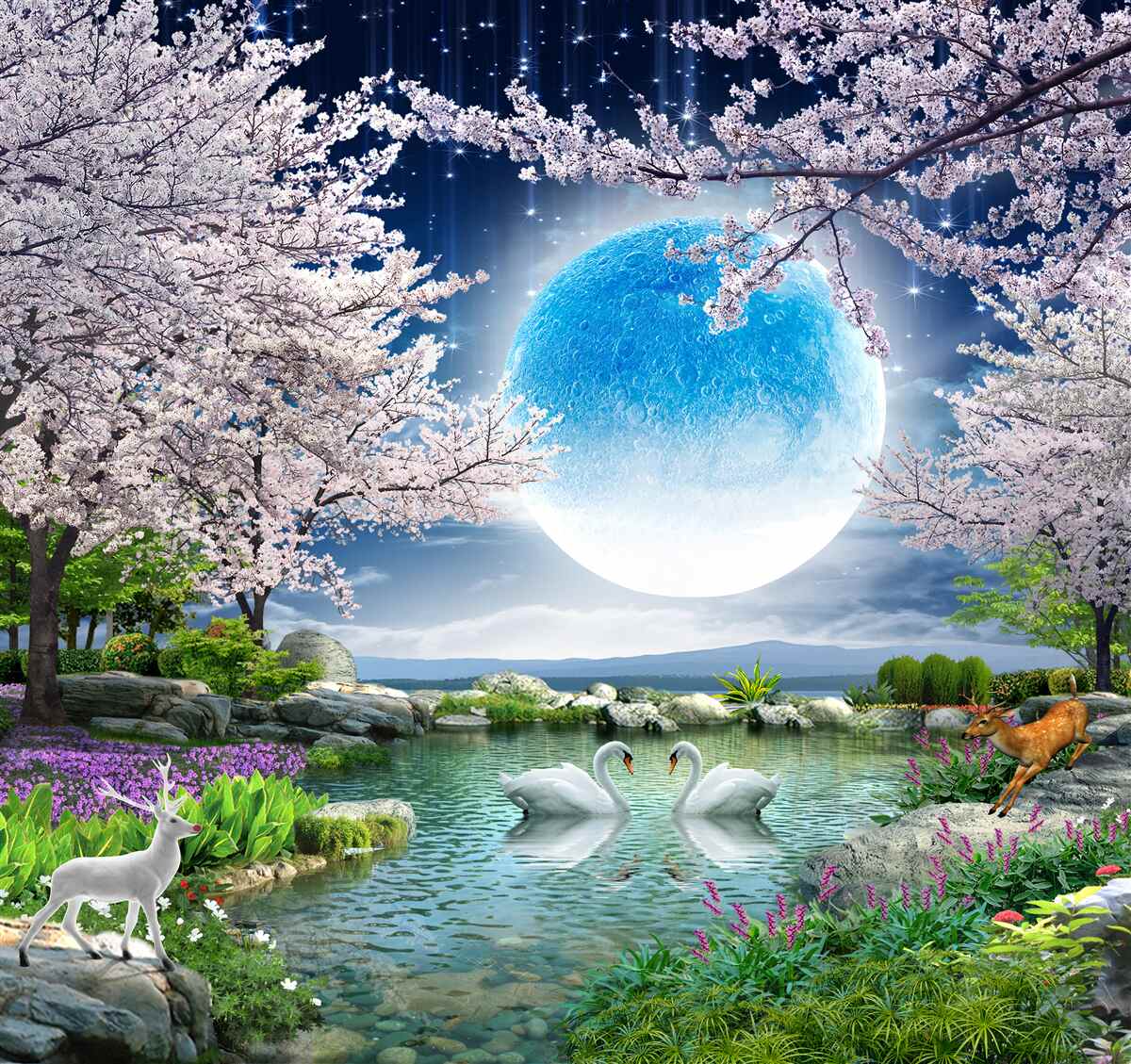 Fototapet lună albastră abstractă pe un fundal de lac cu flori de cireș