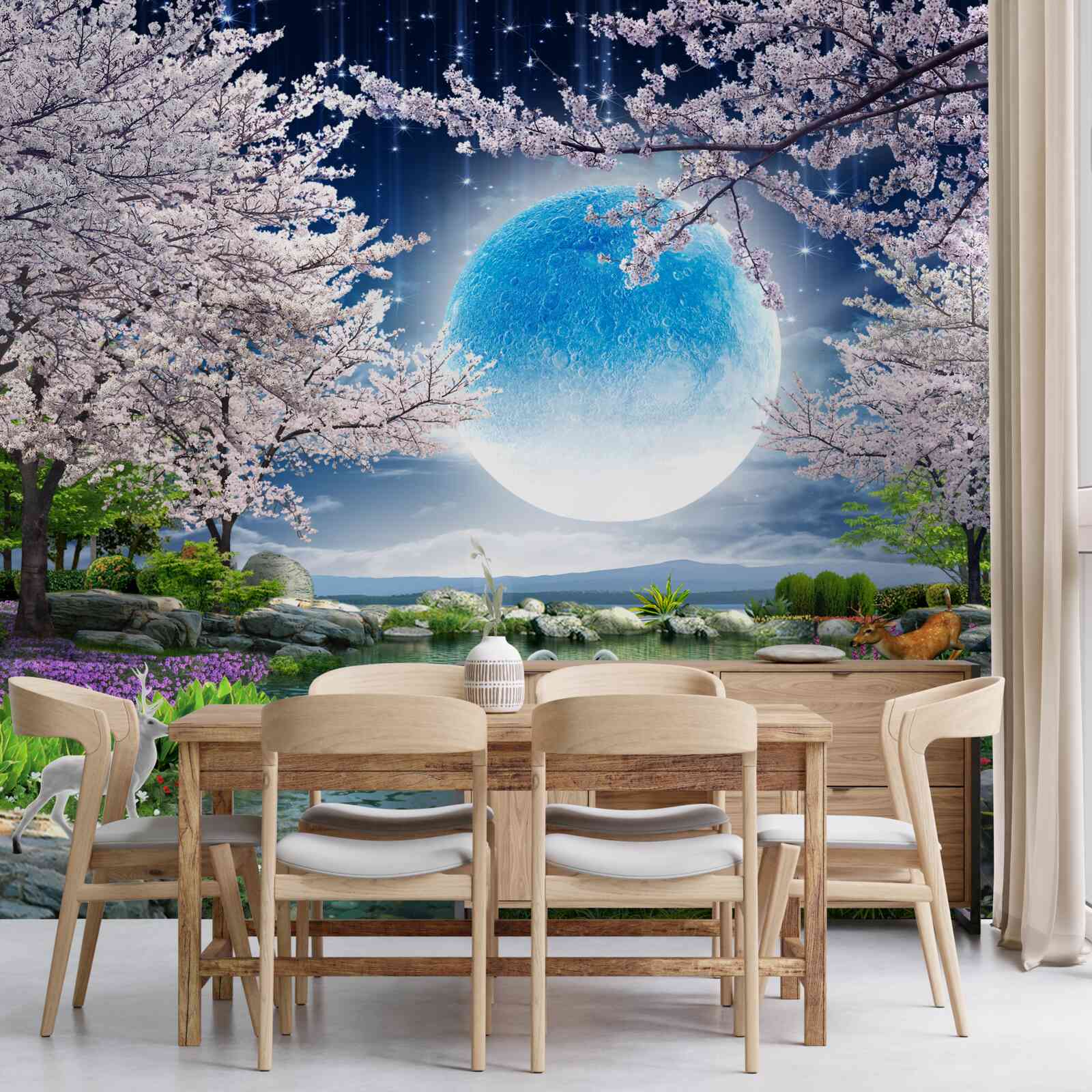Fototapet lună albastră abstractă pe un fundal de lac cu flori de cireș