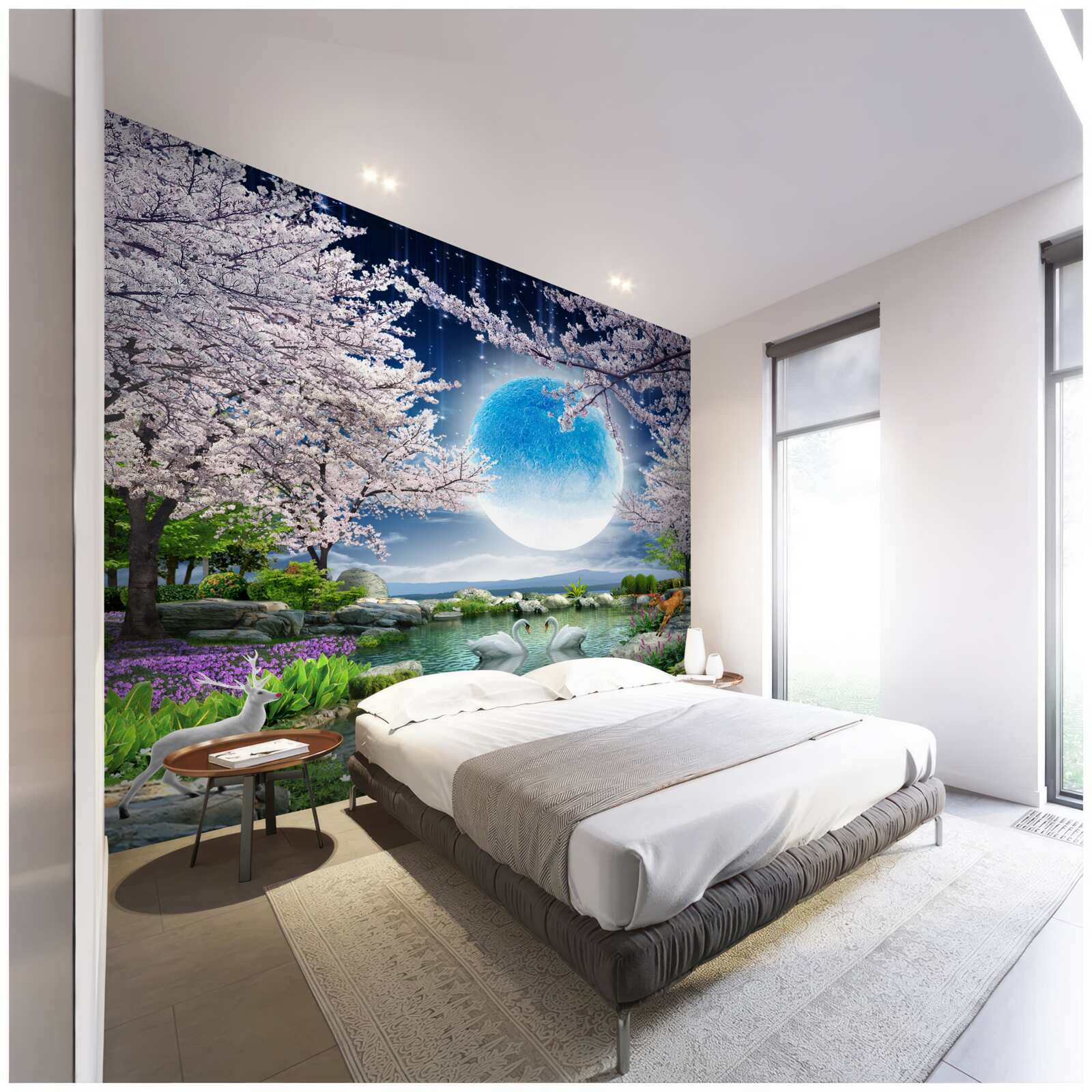 Fototapet lună albastră abstractă pe un fundal de lac cu flori de cireș