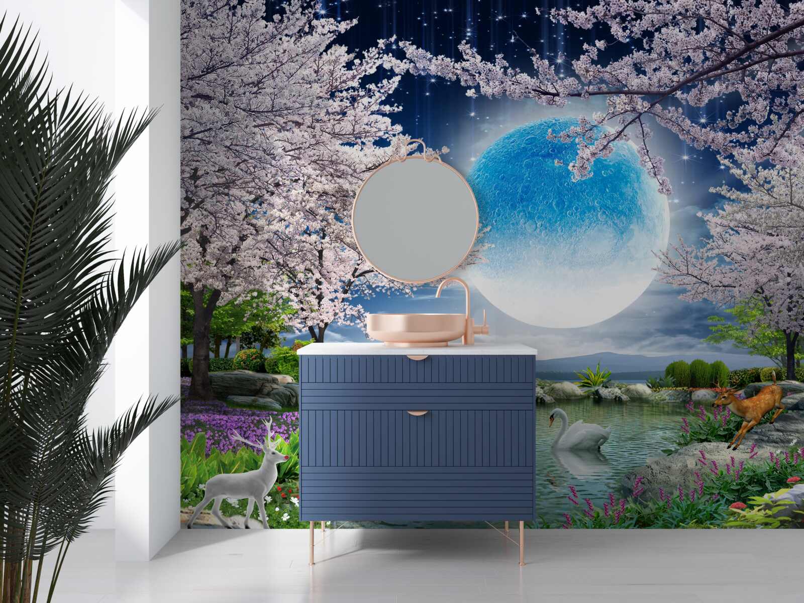 Fototapet lună albastră abstractă pe un fundal de lac cu flori de cireș