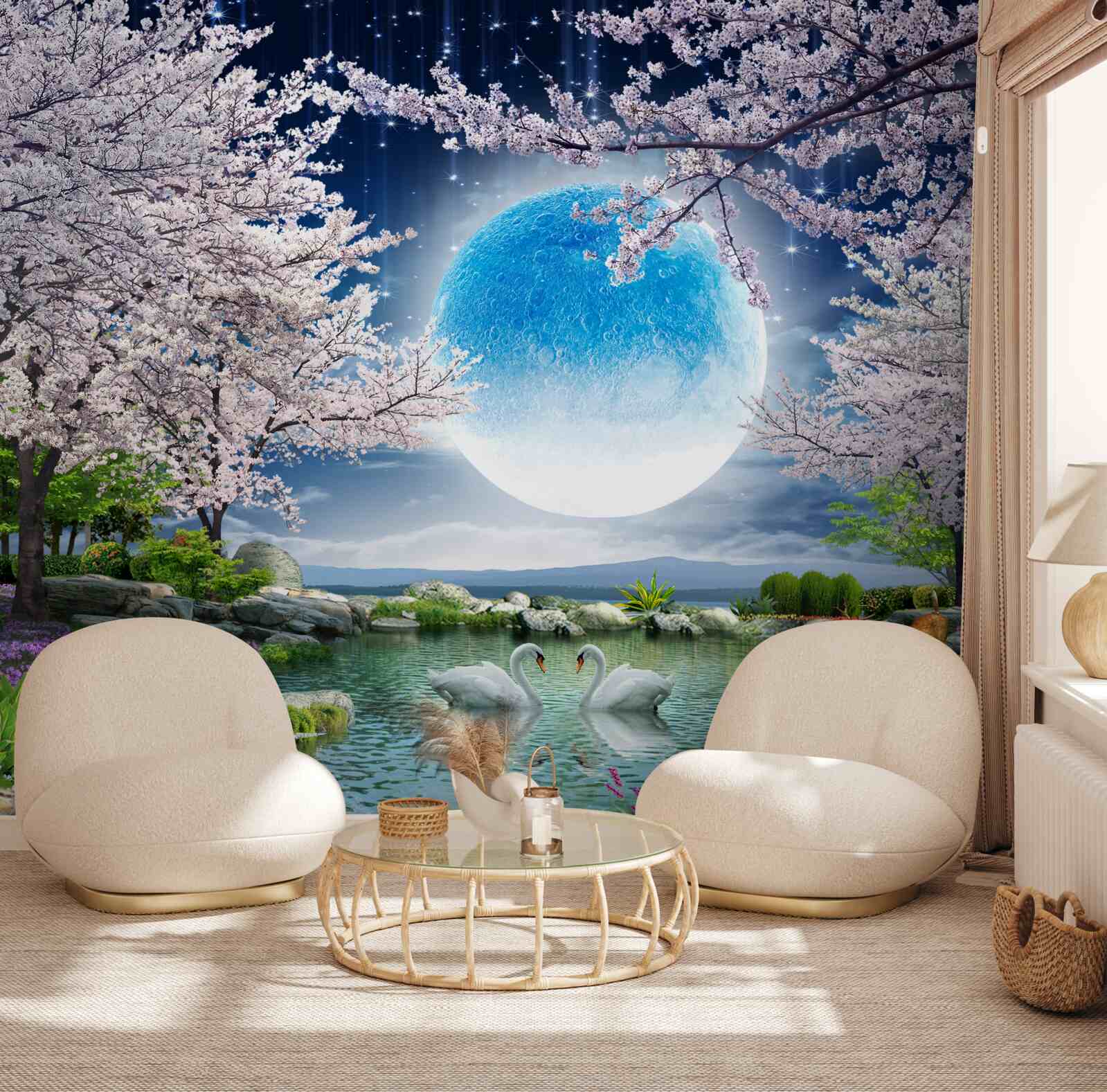 Fototapet lună albastră abstractă pe un fundal de lac cu flori de cireș