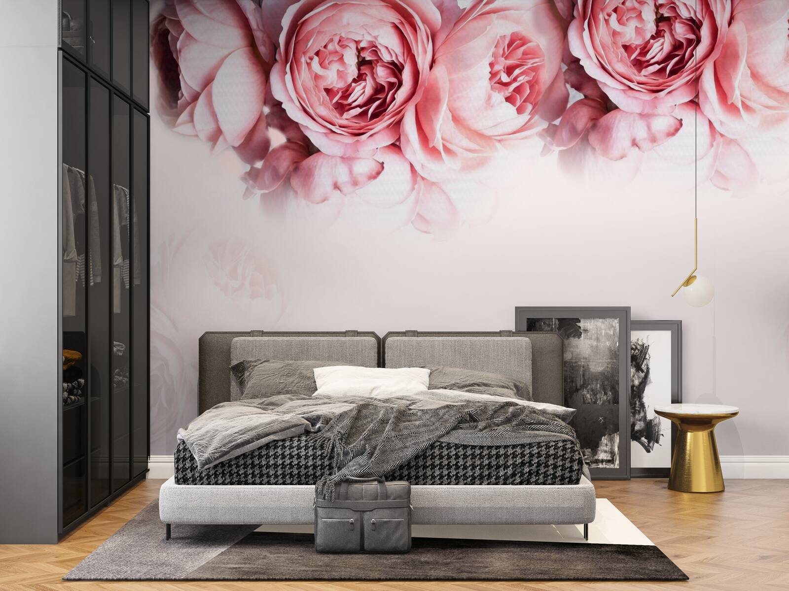 Fototapet bujori în roz și alb pe un fundal deschis