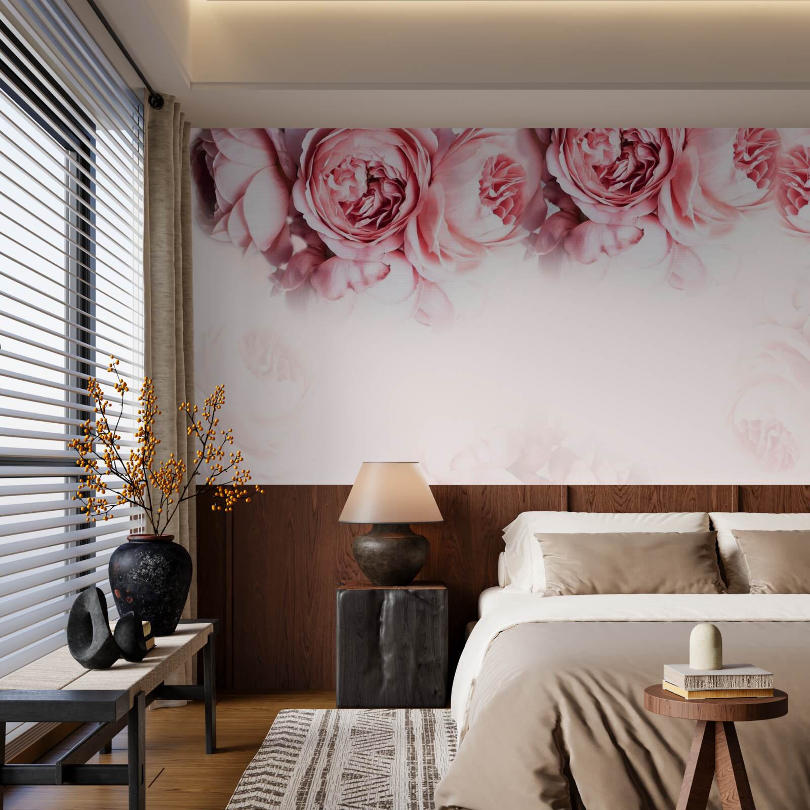 Fototapet bujori în roz și alb pe un fundal deschis