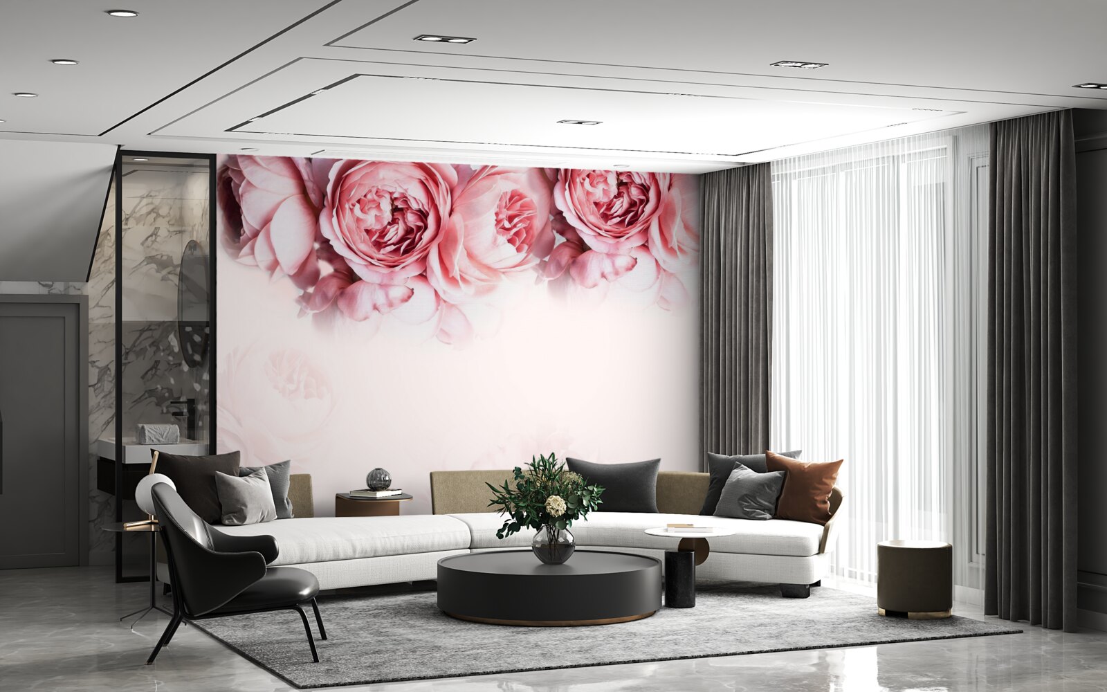 Fototapet bujori în roz și alb pe un fundal deschis