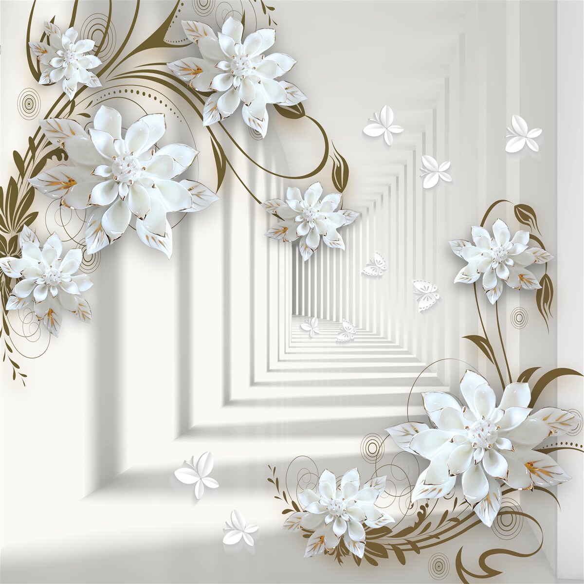 Fototapet flori albe de lotus și un tunel care dispare în depărtare