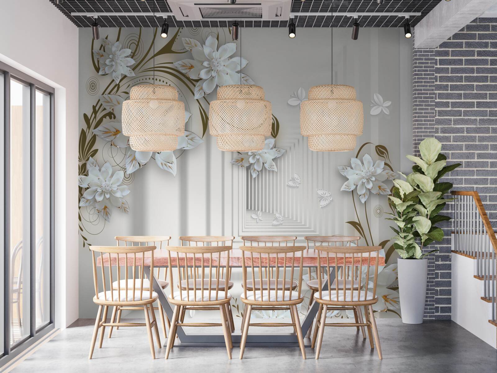 Fototapet flori albe de lotus și un tunel care dispare în depărtare