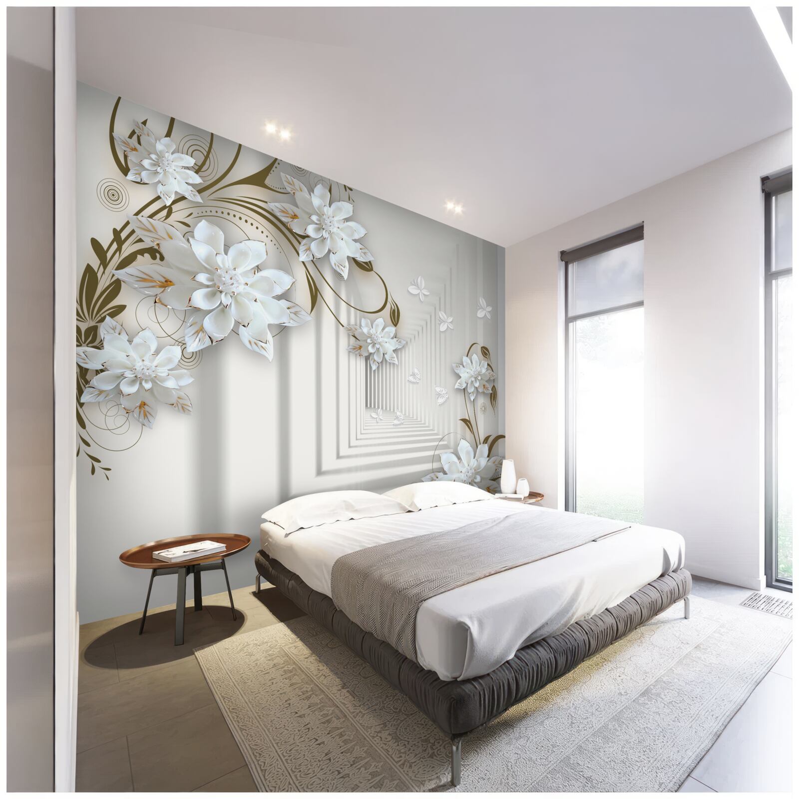 Fototapet flori albe de lotus și un tunel care dispare în depărtare