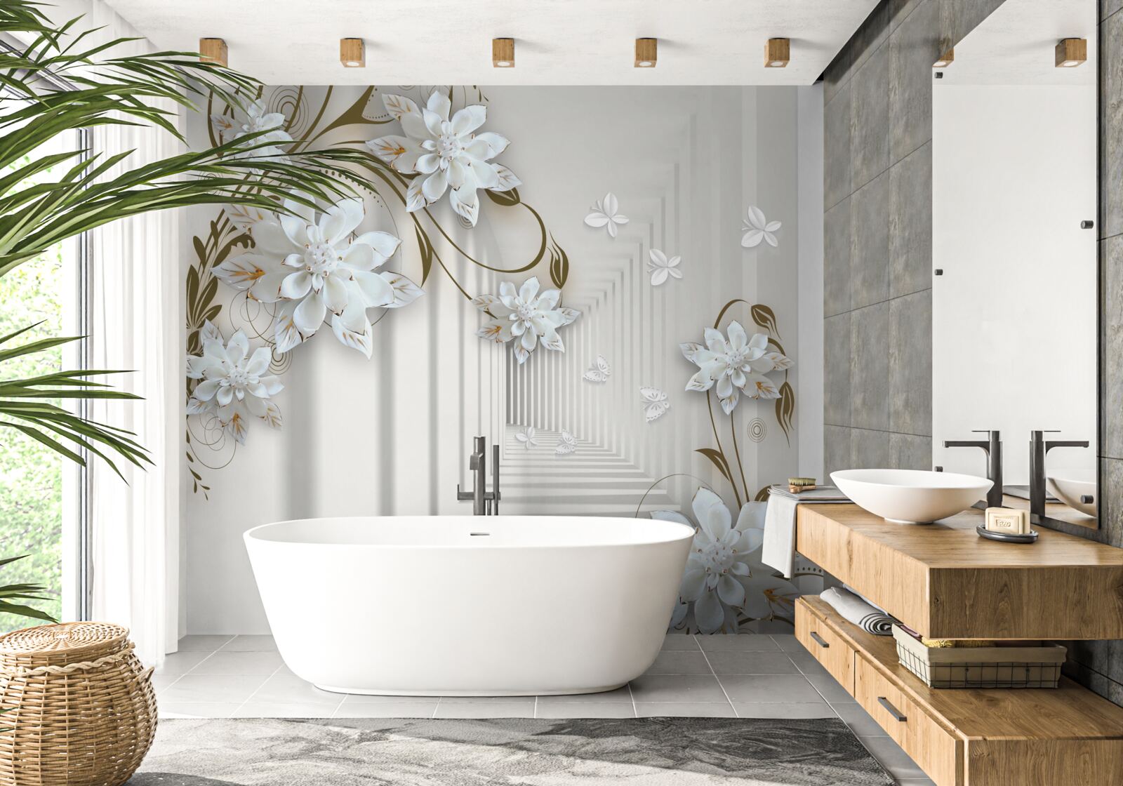 Fototapet flori albe de lotus și un tunel care dispare în depărtare