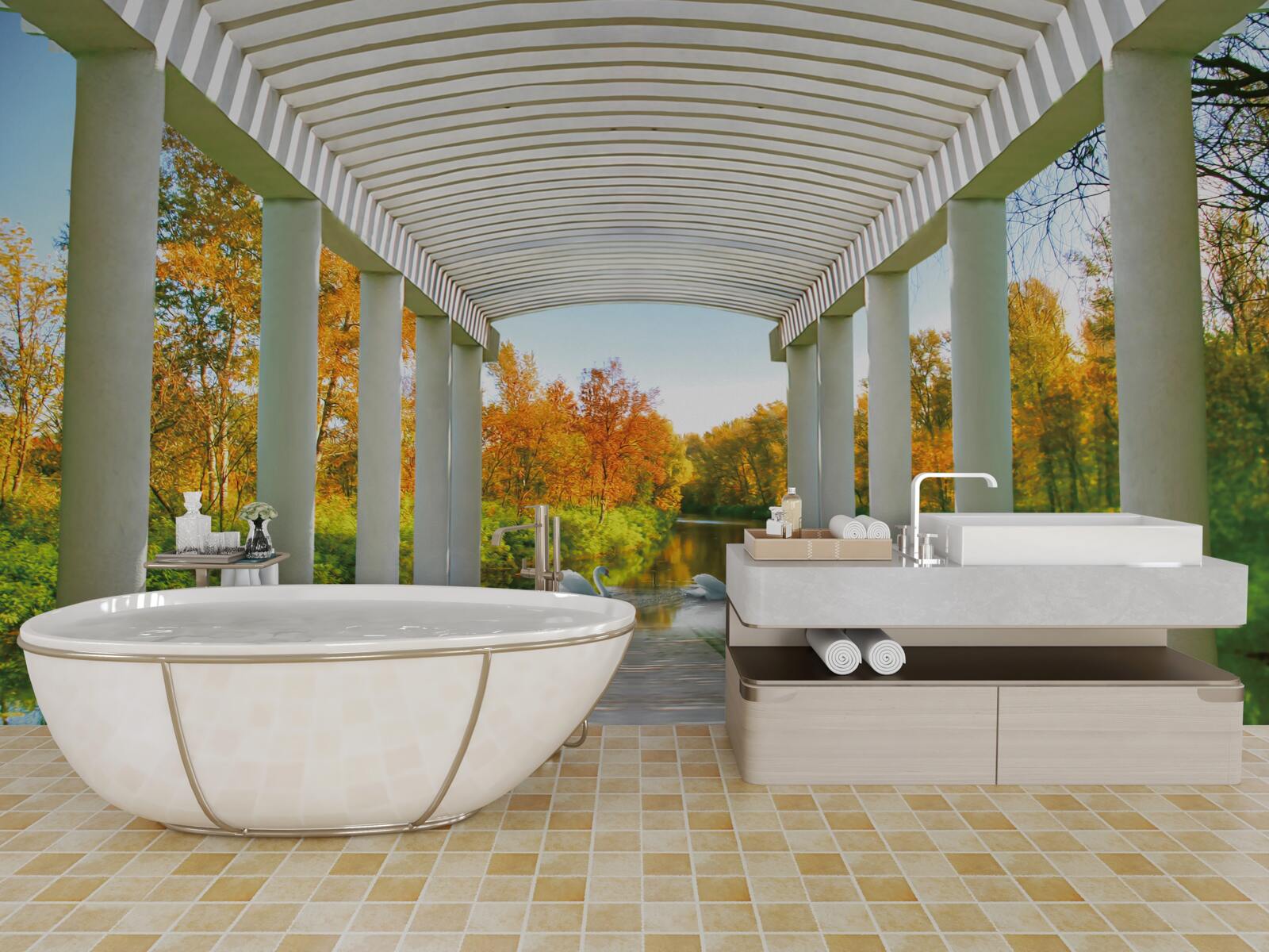 Fototapet pădure în decor de toamnă pe un fundal panoramic