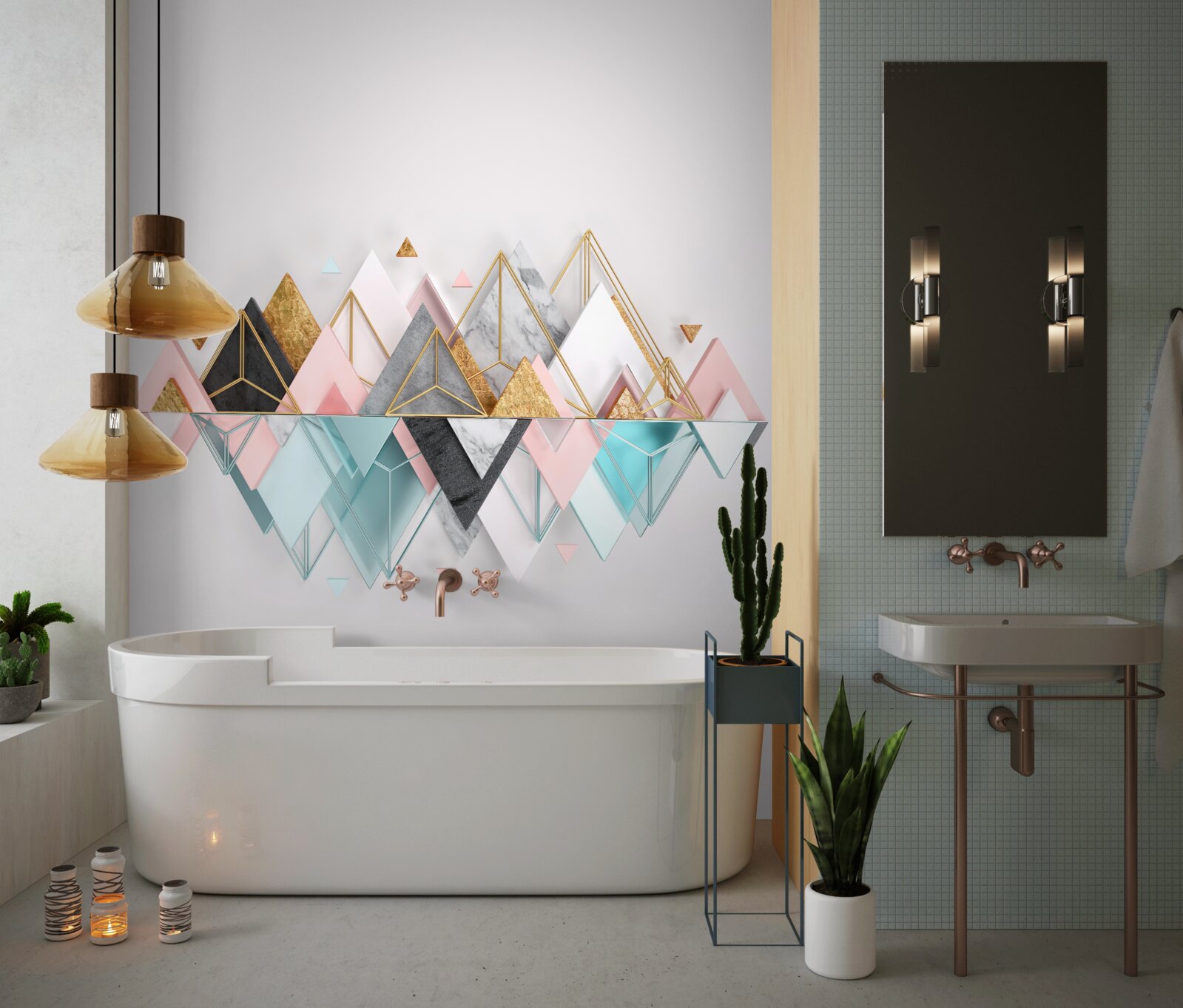 Fototapet pădure de conifere, reprezentată sub formă de triunghiuri