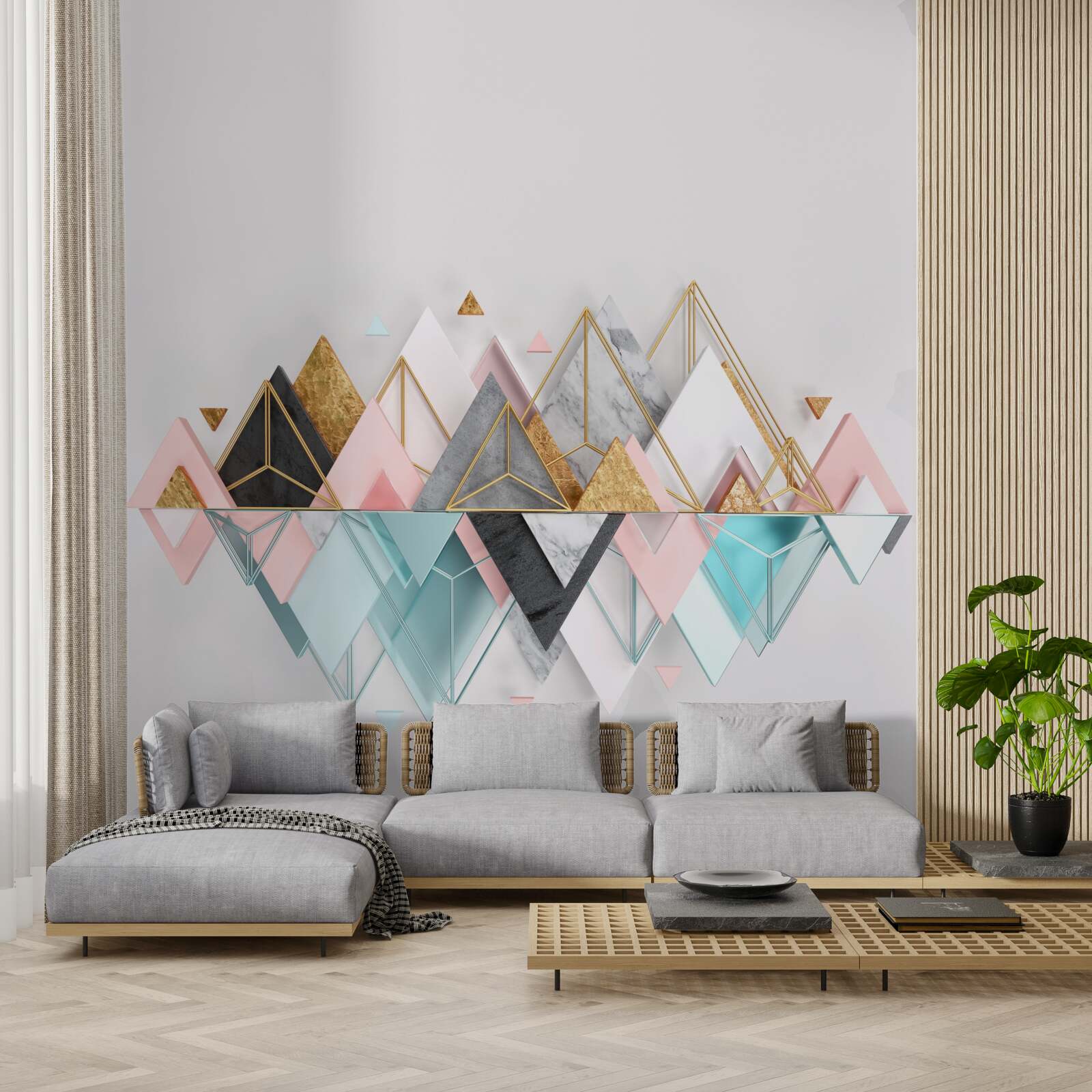 Fototapet pădure de conifere, reprezentată sub formă de triunghiuri