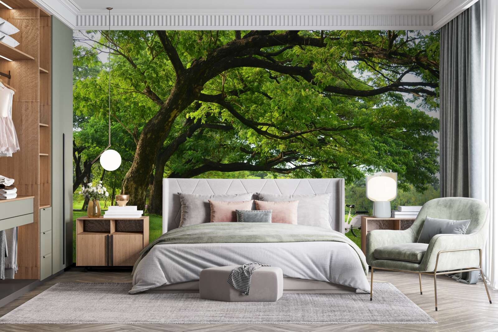 Fototapet pajiște cu iarbă verde și copaci centenari