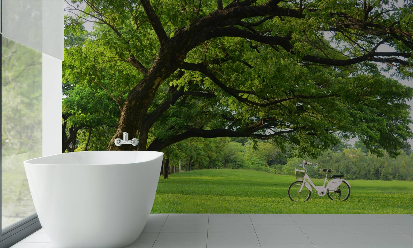 Fototapet pajiște cu iarbă verde și copaci centenari