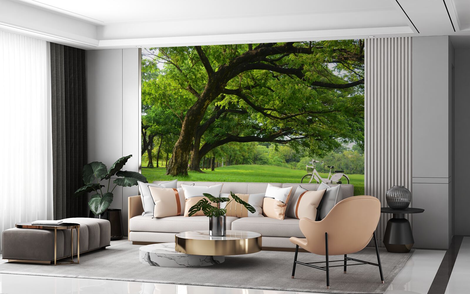 Fototapet pajiște cu iarbă verde și copaci centenari