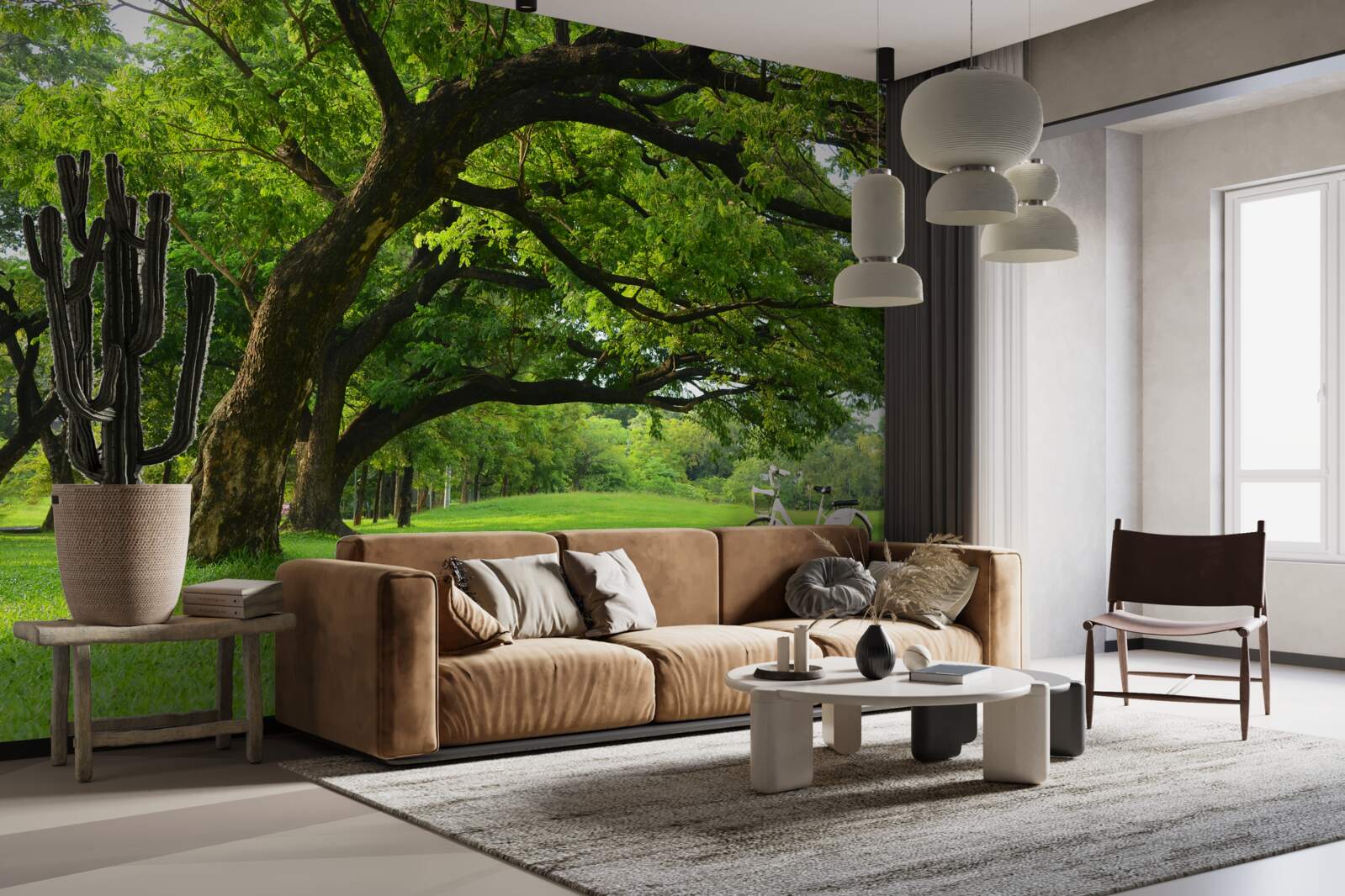 Fototapet pajiște cu iarbă verde și copaci centenari