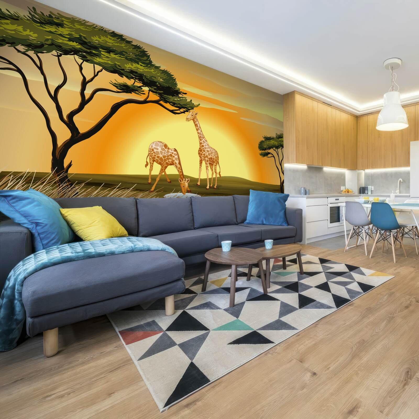 Fototapet girafe pe un fundal de apus de soare în deșert