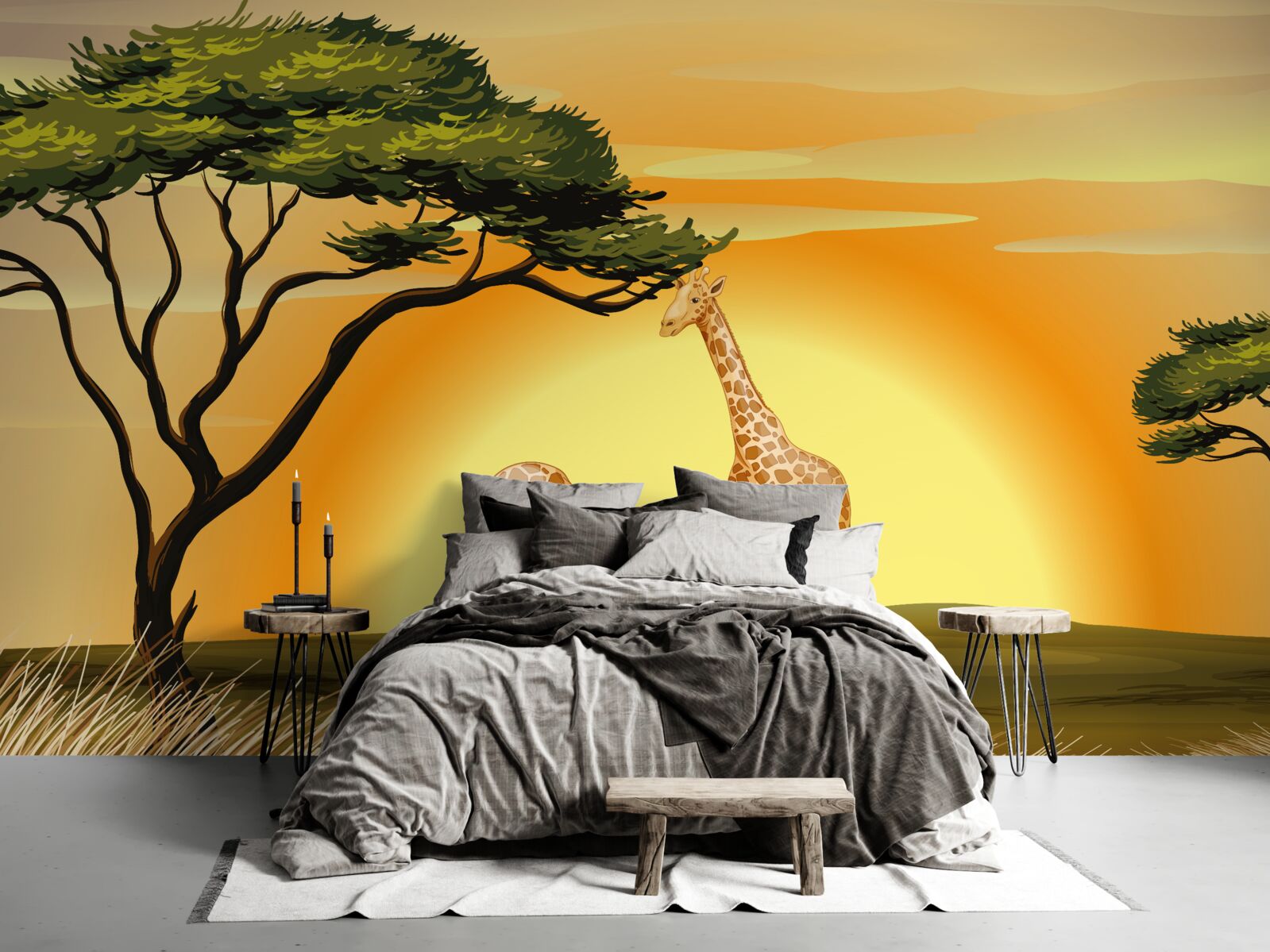 Fototapet girafe pe un fundal de apus de soare în deșert