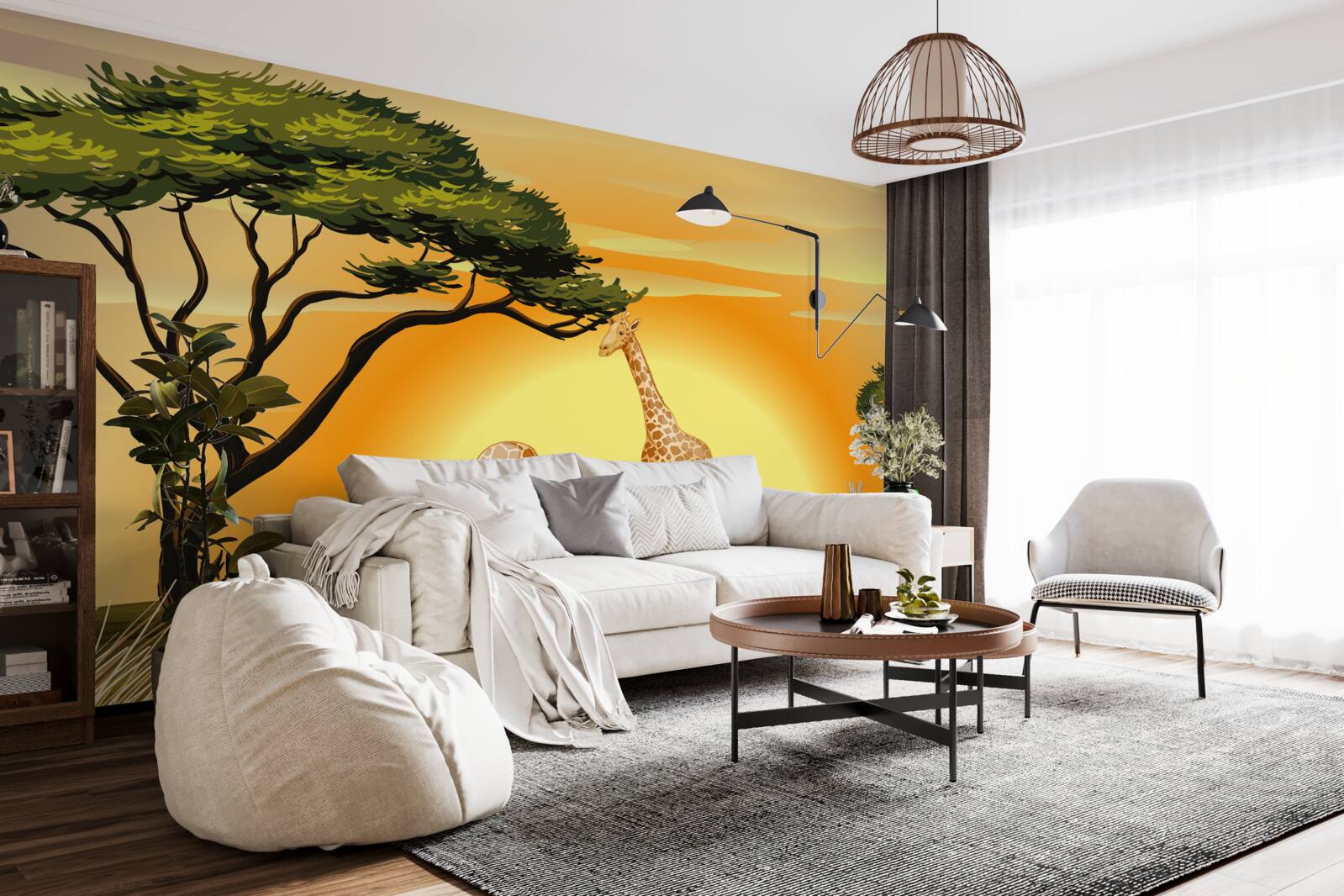 Fototapet girafe pe un fundal de apus de soare în deșert