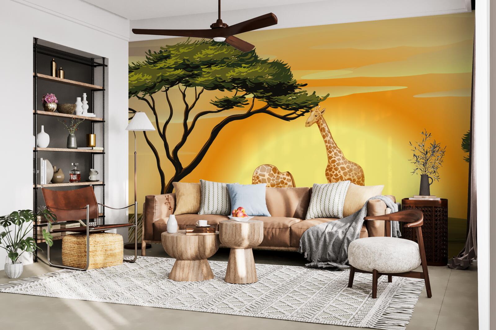 Fototapet girafe pe un fundal de apus de soare în deșert