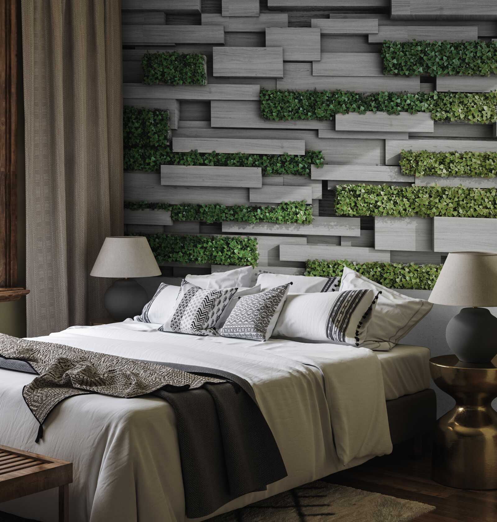 Fototapet perete de piatră decorat cu plante verzi